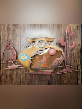 Vintage Southwestern Metal Wall Art - Desert Scene in Rust, Yellow, Blue